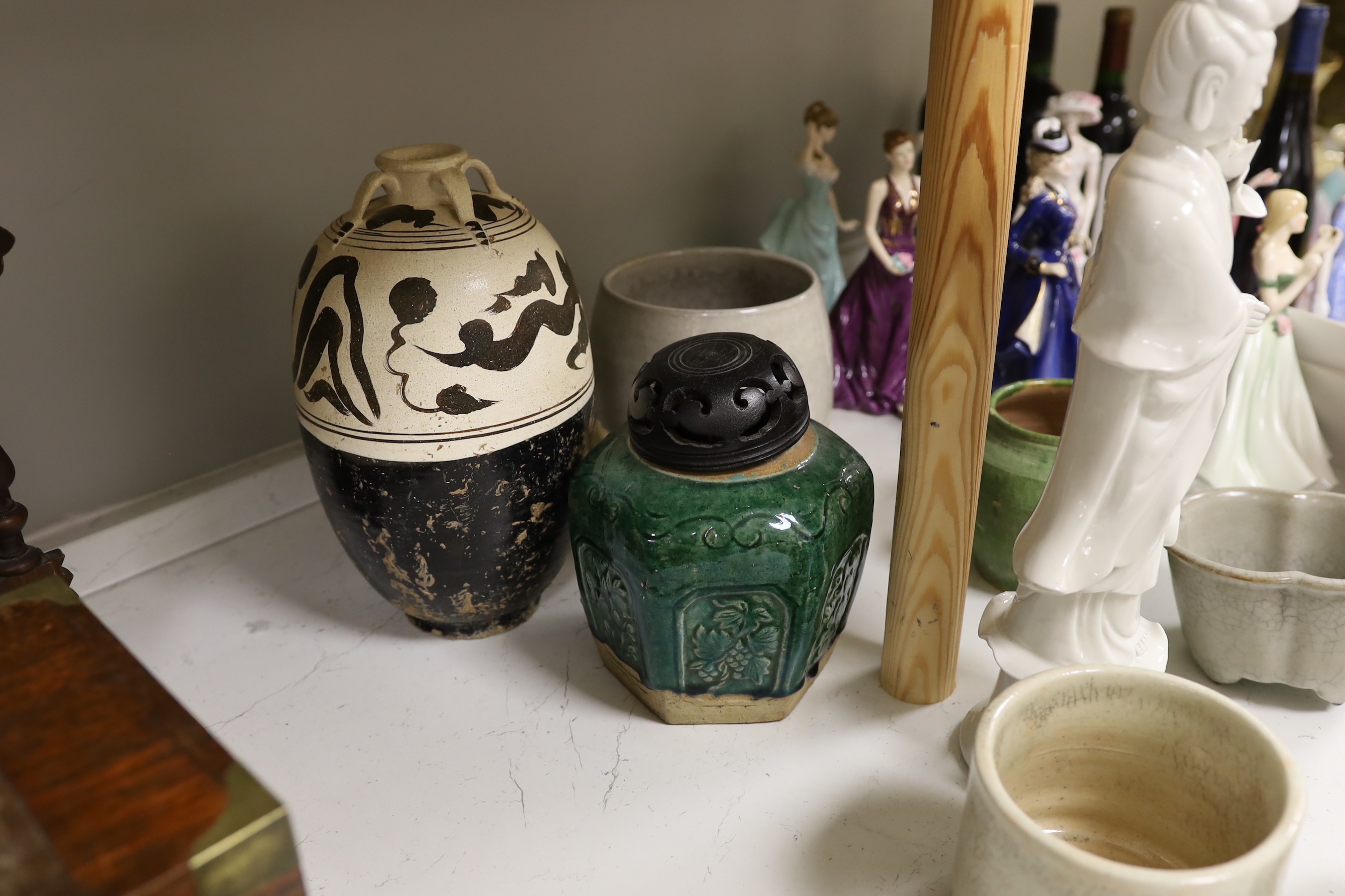 A group of Chinese and studio ceramic vases and bowls, to include a figure of Guangyin, 37.5cm tall